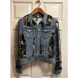 Miss Nikky Unique Mesh Sheer Floral Embroidered Distressed Denim Jacket, Size S